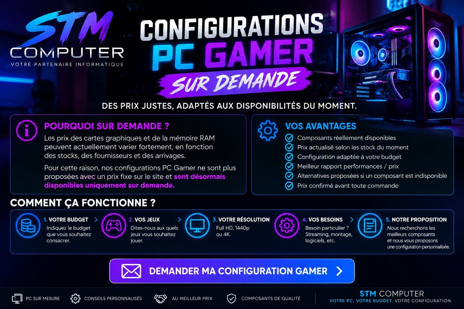 🎮 Configurations PC Gamer sur demande Des prix justes, adaptés aux disponibilités du moment.